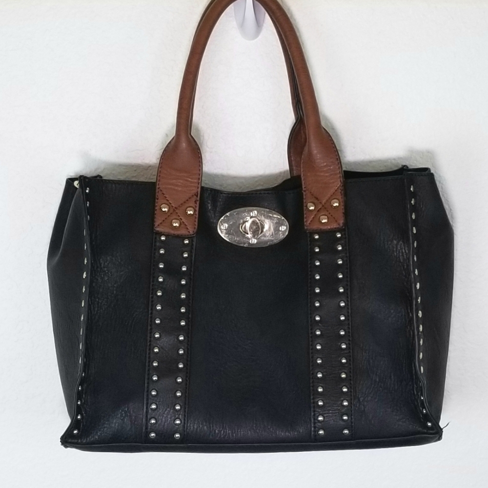 Twist Lock Studded Vegan Leather Handbag Set